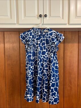 JODIFL Navy and White Giraffe-Pattern Ruffle Tiered Dress